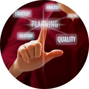PSI's process for software development services; planning, strategy, analysis, solution, auditing, and quality.