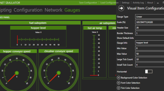 SIMPLE PN screen shot of PROFINET simulator testing scripting configurations for a gauges panel